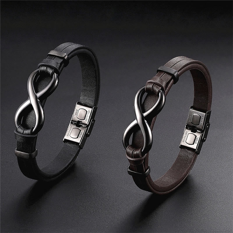 Buddha Stones Infinitely Design Titanium Steel Single Layer Leather Balance Bracelet