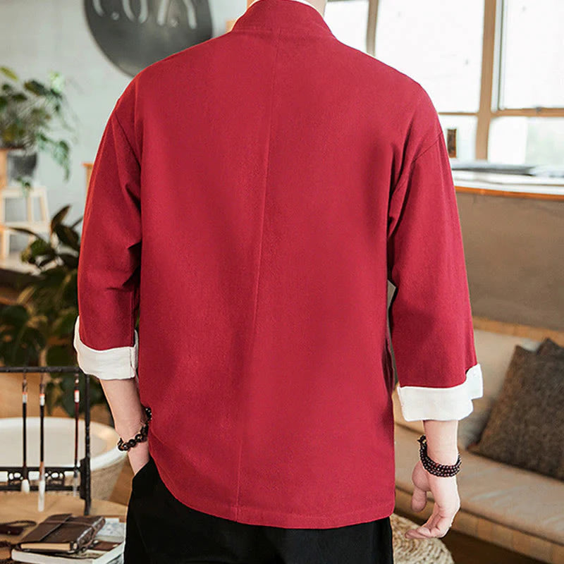 Buddha Stones Lace-Up Design Jacket Cotton Linen Men's Three Quarter Sleeve Kimono With Pockets