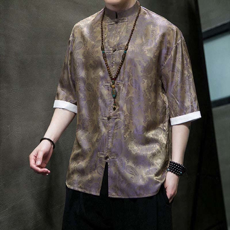 Buddha Stones Summer Cashew Flowers Pattern Men's Frog-Button Half Sleeve Shirts
