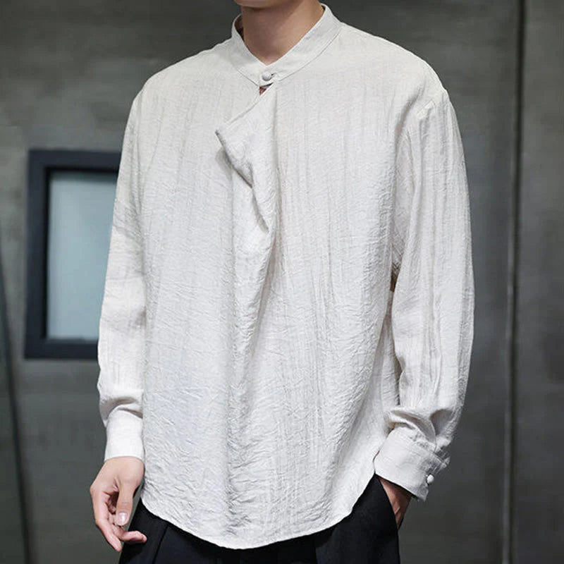Buddha Stones Spring Solid Color Pleated Stand Collar Design Tang Suit Men's Long Sleeve Linen Shirt