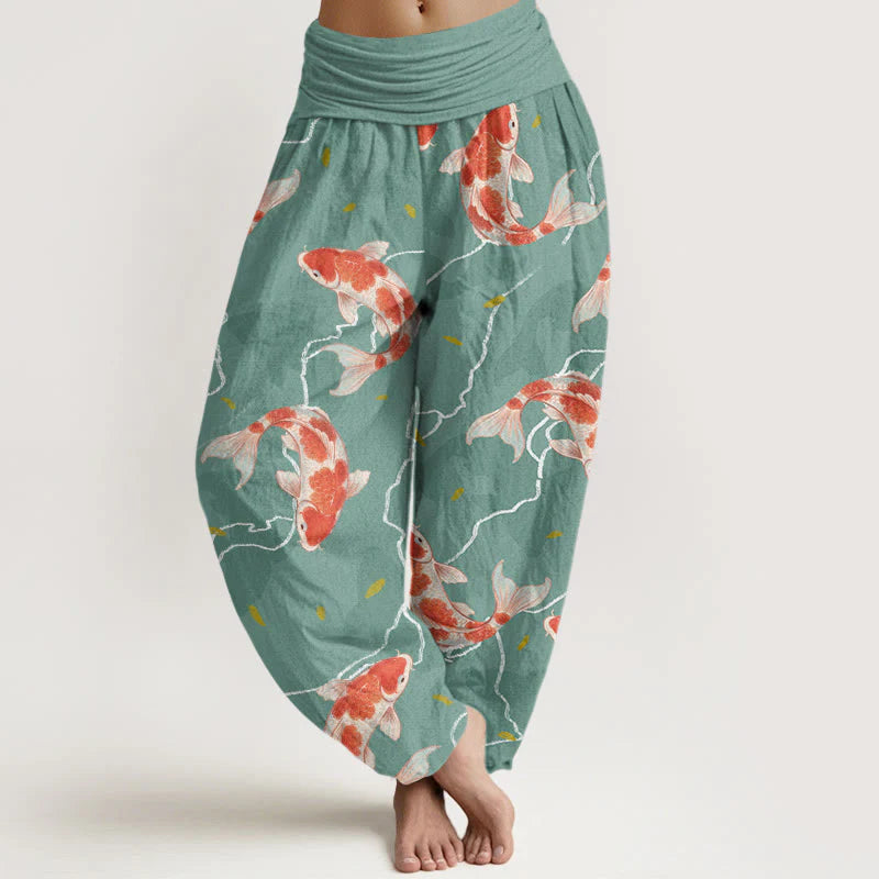 Buddha Stones Cotton Red White Koi Fish Pattern Design Women's Elastic Waist Harem Pants