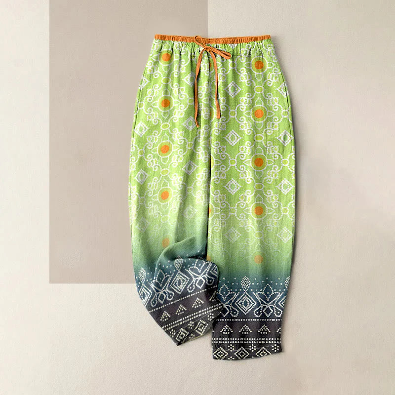 Buddha Stones Pure Cotton Geometric Diamond Motifs Dots Pattern Women's Elastic Waist Pants With Pockets