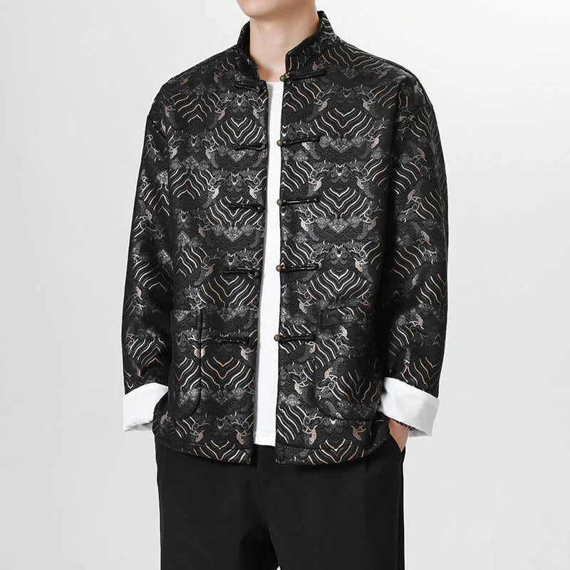 Buddha Stones Frog-Button Chinese Tang Suit Wave Shape Long Shirt Men Jacket Clothing (Extra 30% Off | USE CODE: FS30)
