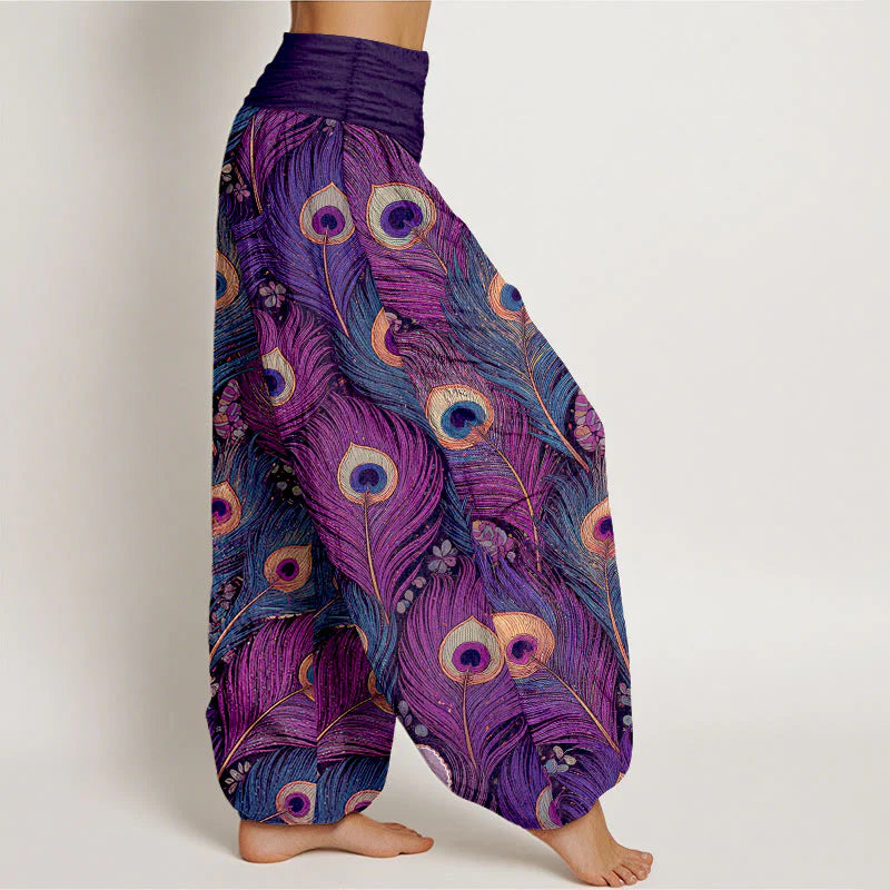 Buddha Stones Peacock Feathers Pattern Pure Cotton Women's Elastic Waist Harem Pants