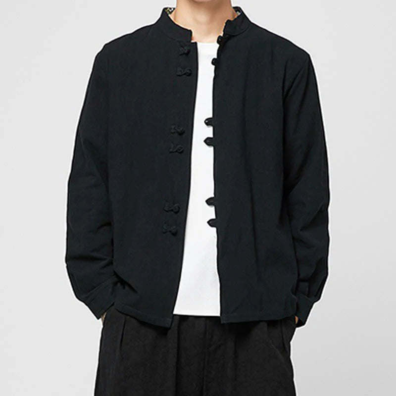 Buddha Stones Men's Frog-Button Dragon Pattern Cuffs Cotton Long Sleeve Shirt