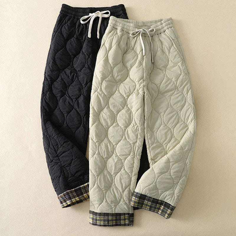 Buddha Stones Winter Curved Lines Elastic Waist Drawstring Patchwork Plaid Cotton Thermal Women's Pants With Pockets