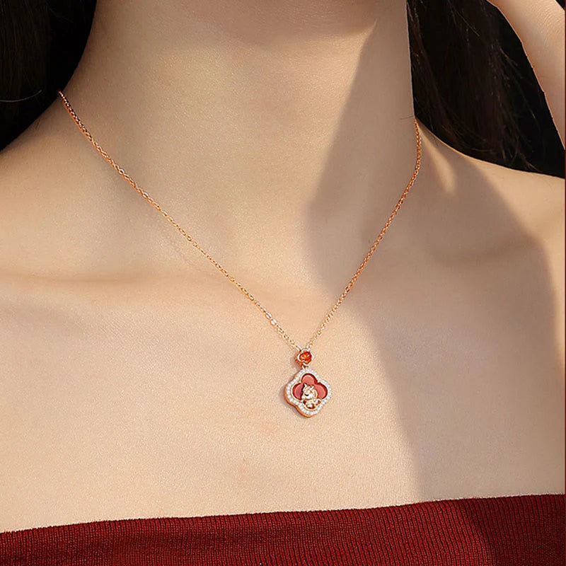 Buddha Stones 925 Sterling Silver Year Of The Horse Four Leaf Clover Red Agate Calm Necklace Pendant