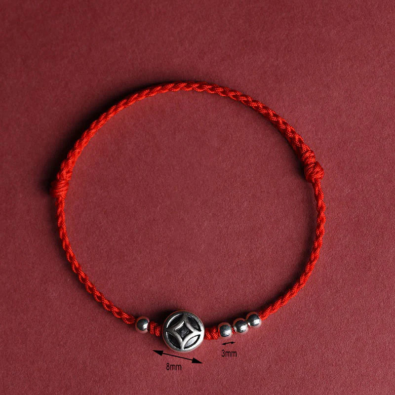 Buddha Stones 999 Sterling Silver Copper Coin Charm Handmade String Strength Bracelet Anklet