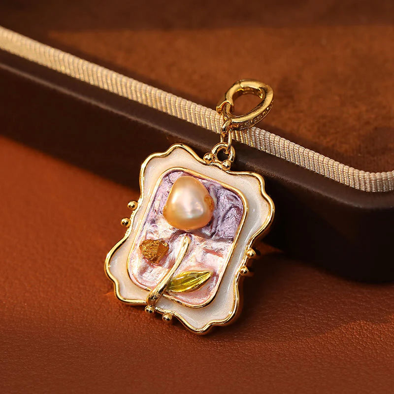Buddha Stones Flower Oil Painting Pearl Copper Healing Necklace Pendant