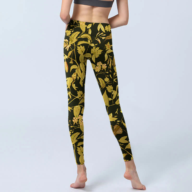 Buddha Stones Luxurious Flower Leaf Bird Pattern Print Gym Leggings Women's Yoga Pants