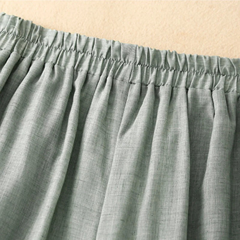 Buddha Stones Frog-Button Hem Slit Design Women's Wide Leg Cotton Linen Pants With Pockets