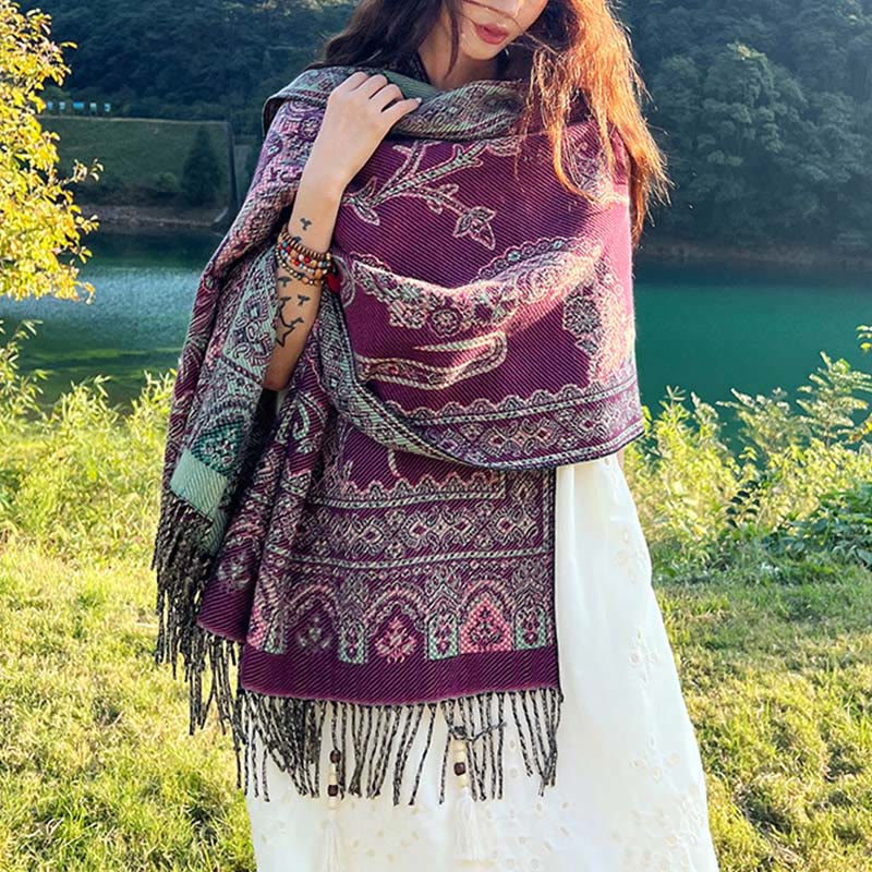Buddha Stones Jacquard Ethnic Paisley Plants Pattern Tassel Soft Thermal Scarf Shawl