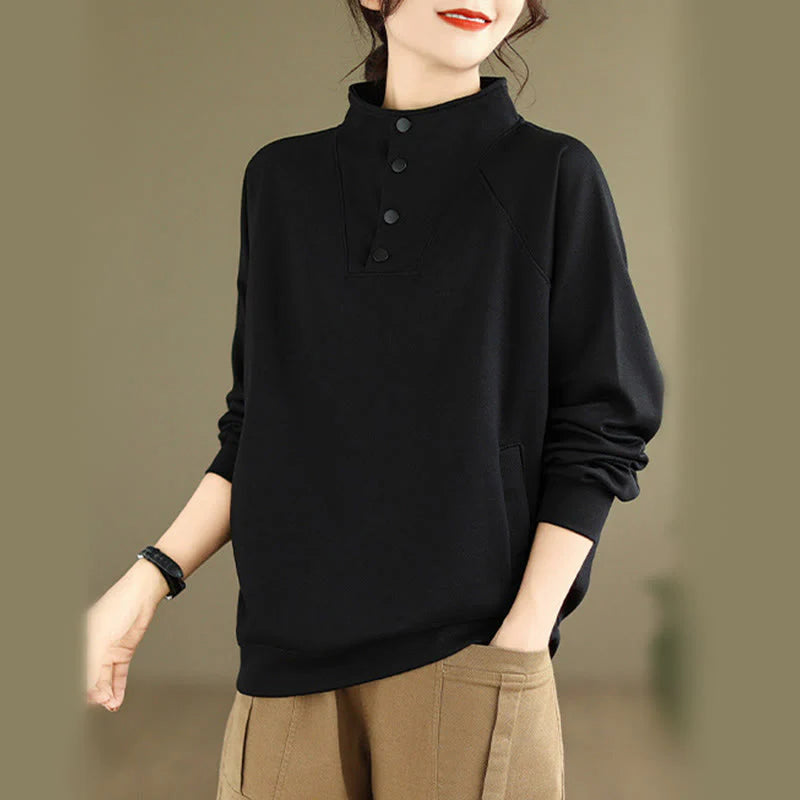 Buddha Stones Fall Solid Stand Collar Buttons Design Long Sleeve Women's Cotton Sweatshirt