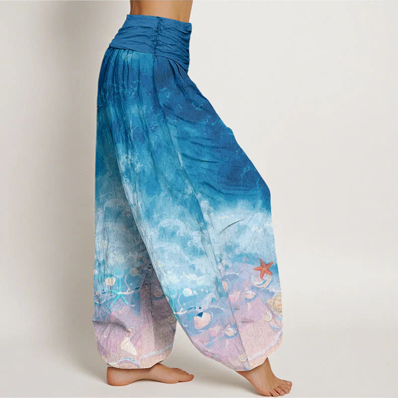 Buddha Stones Cotton Vast Ocean Pattern Women's Elastic Waist Harem Pants