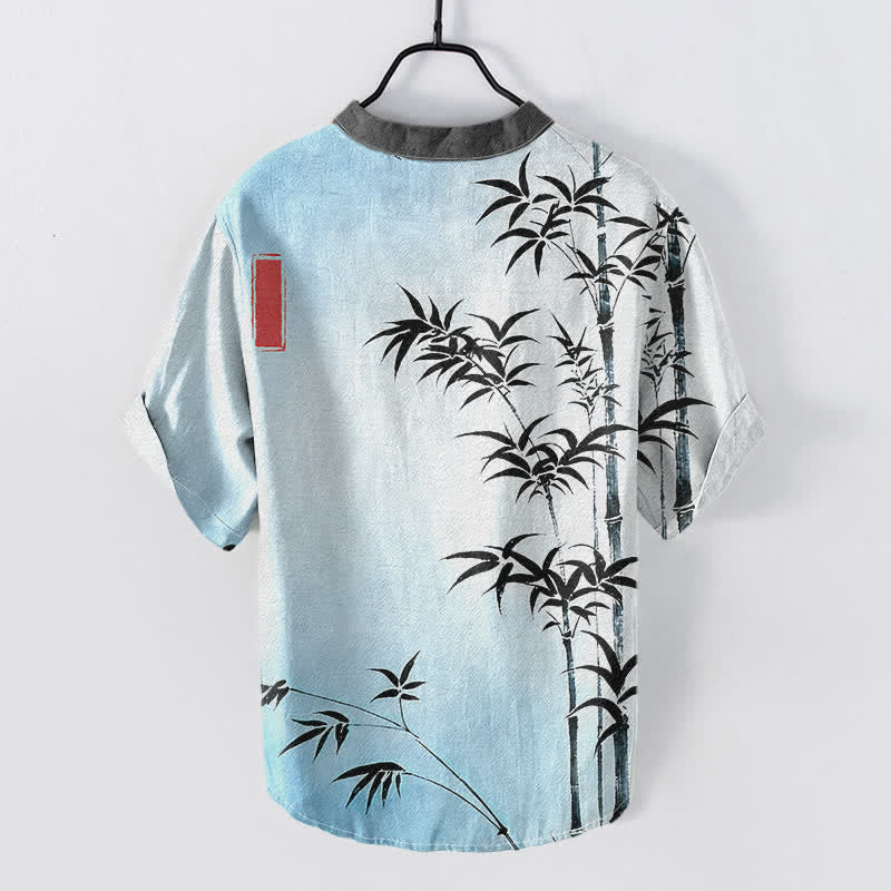 Buddha Stones Cotton Bamboo Emblem Men's Short Sleeve Half Button Shirt