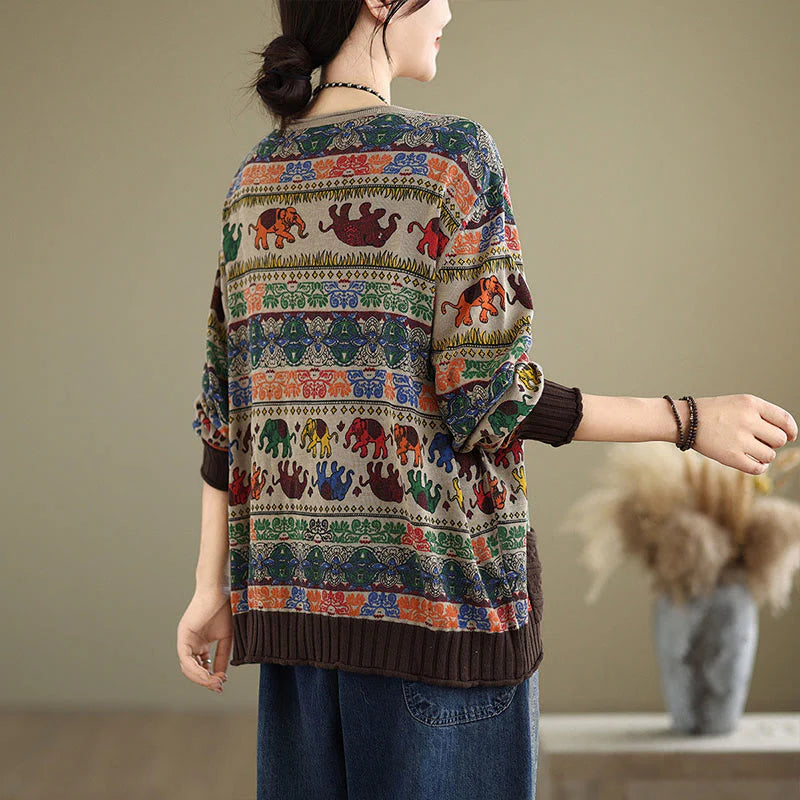 Buddha Stones Fall Elephant Pattern Knitted Cotton Women's Long Sleeve Sweater With Pockets