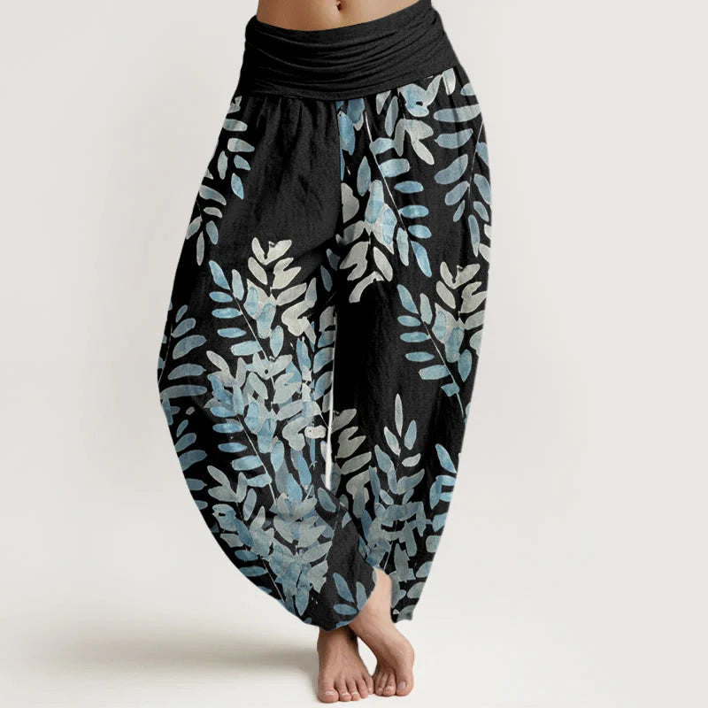Buddha Stones Cotton Casual Plant Interlaced Leaves Pattern Women's Elastic Waist Harem Pants