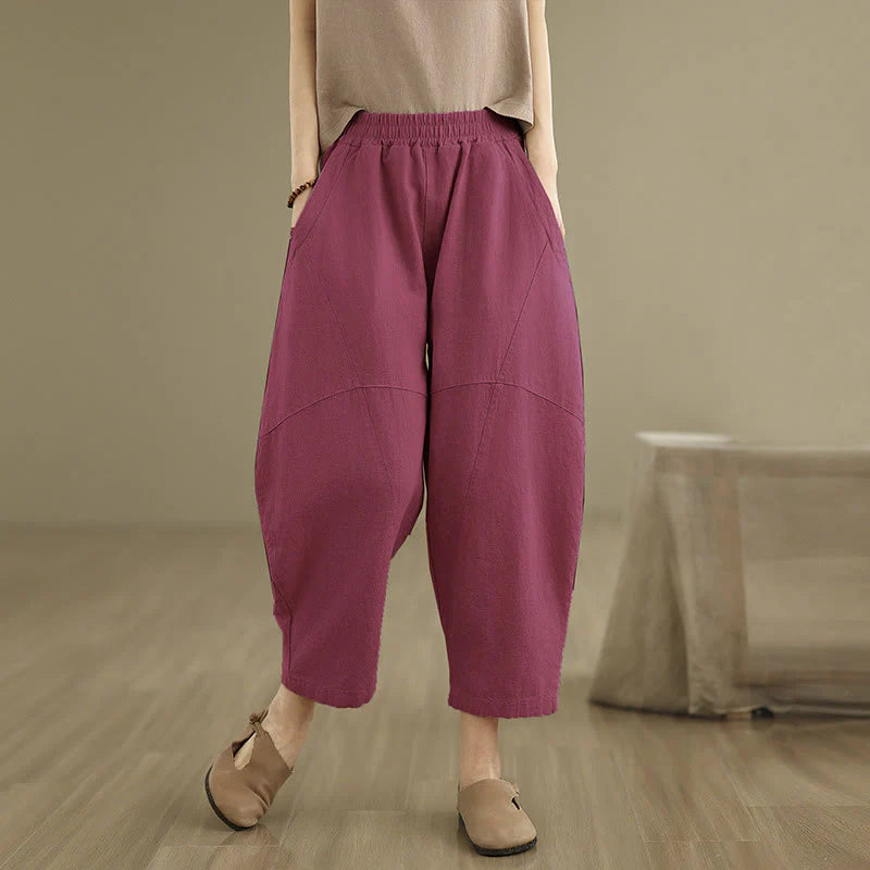 Buddha Stones Spring 7-8 Length Solid Color Women's Cotton Linen Harem Pants With Pockets