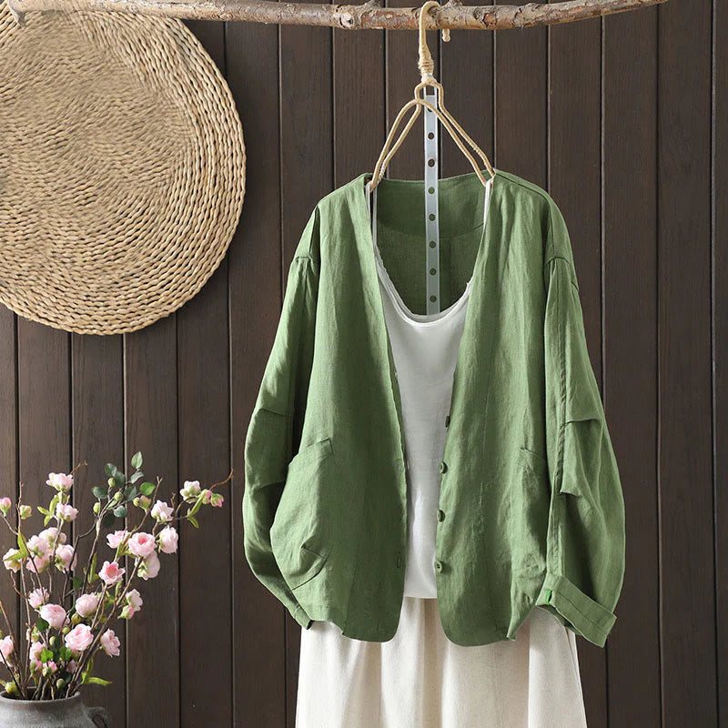 Buddha Stones Pure Color V-neck Women's Cotton Jacket With Pockets
