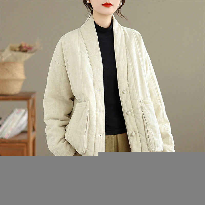 Buddha Stones Winter Solid Long Sleeve Cotton Women's Thermal Jacket With Pockets