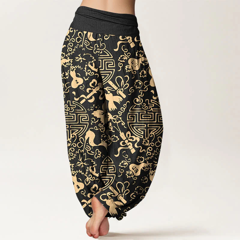 Buddha Stones Pure Cotton Chinese Character Gourd Auspicious Pattern Women's Elastic Waist Harem Pants