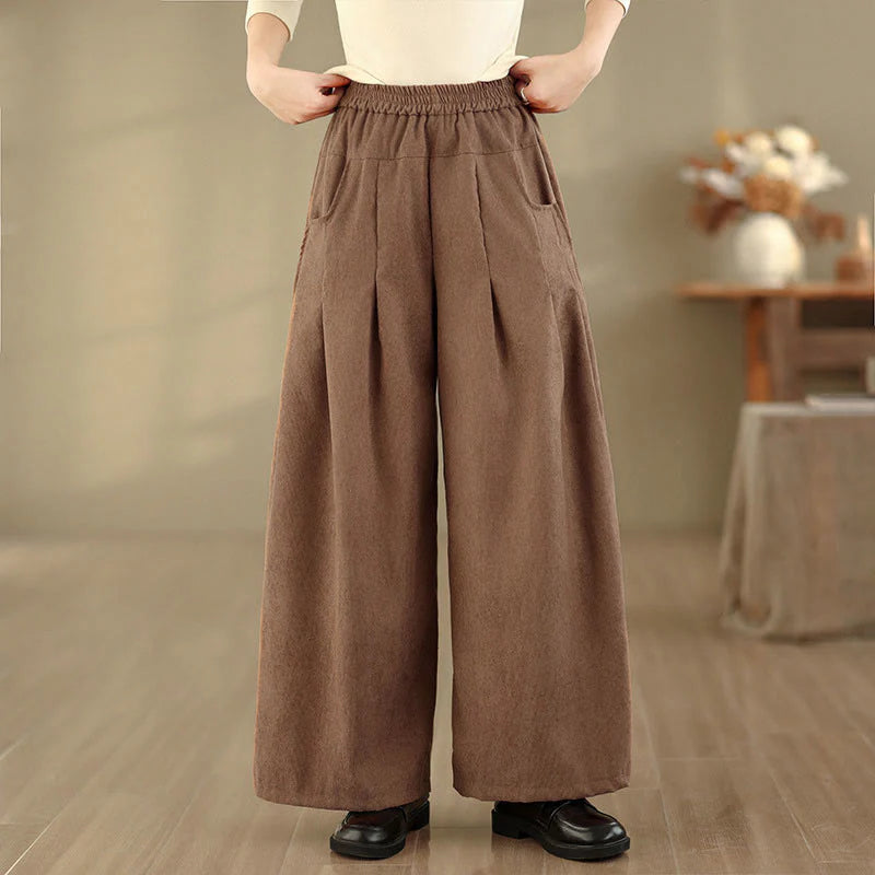 Buddha Stones Spring Plain Brown Corduroy Women's Wide Leg Pants With Pockets