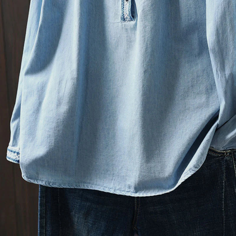 Buddha Stones Geometry Floral Embroidery Cotton Denim Half Buttons Long Sleeve Women's Shirt