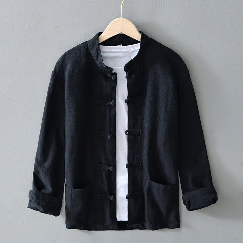 Buddha Stones Frog-Button Chinese Tang Suit Cotton Linen Men Jacket Shirt With Pockets