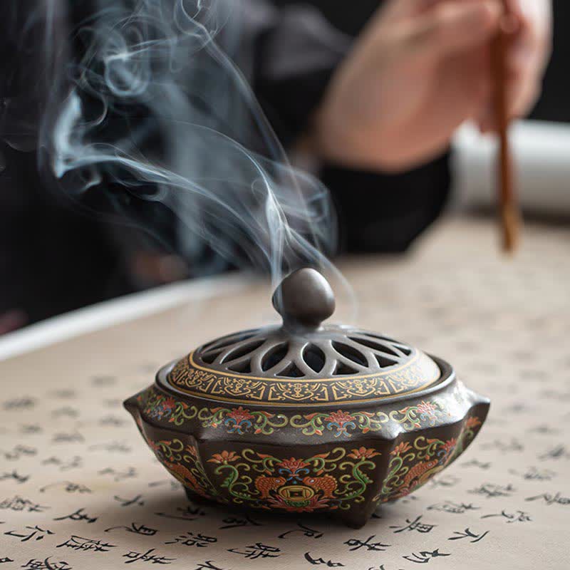 Buddha Stones Tibetan Floral Pattern Ceramic Blessing Incense Burner Decoration (Extra 35% Off | USE CODE: FS35)