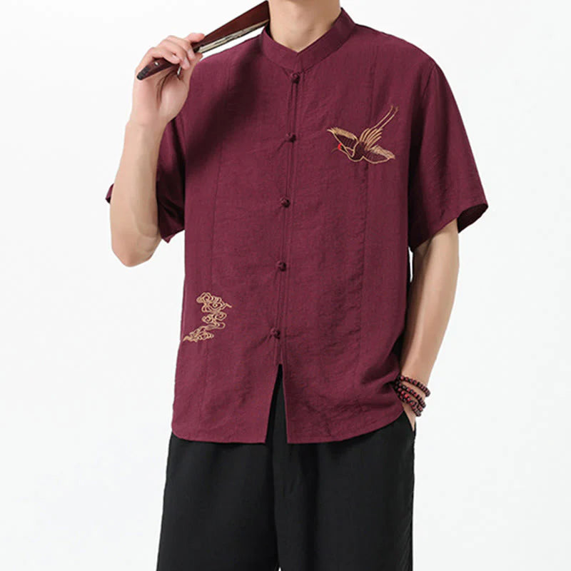 Buddha Stones Embroidery Buttons Half Sleeve Design Stand Collar Men's Cotton Shirt