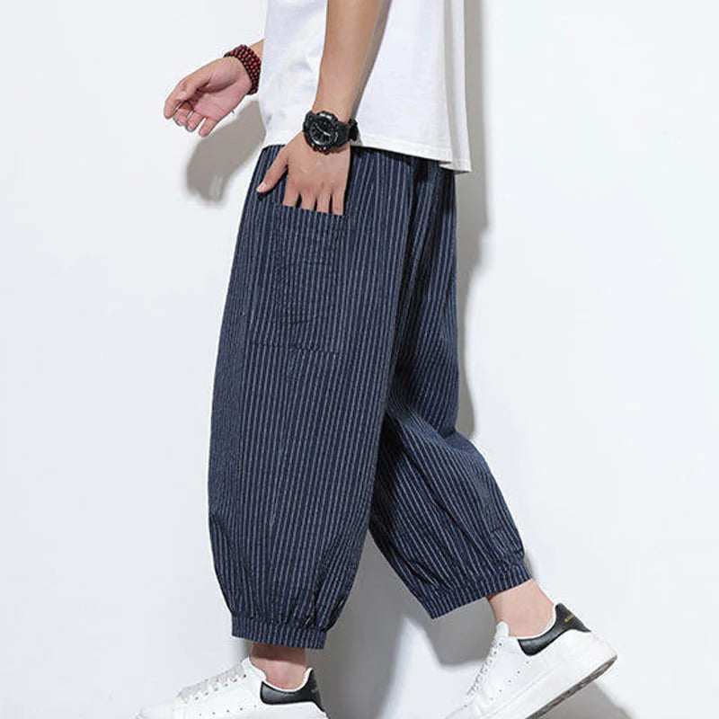 Buddha Stones Casual Striped Men's Cotton 7-8 Length Harem Pants With Pockets