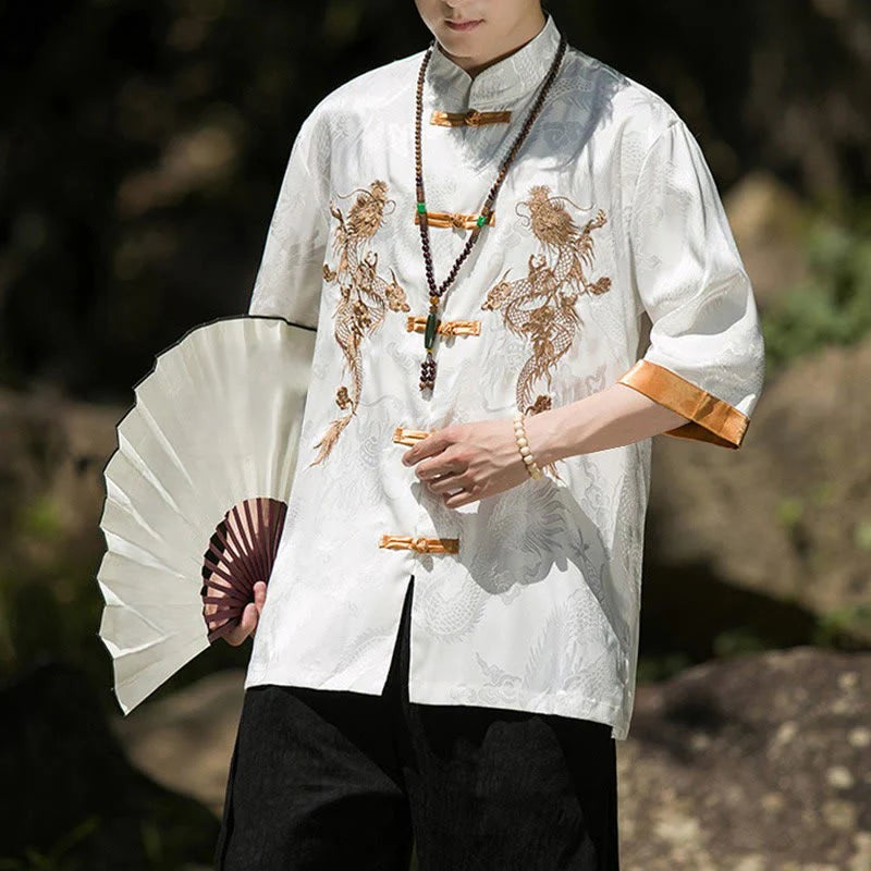 Buddha Stones Embroidered Dragon Pattern Colorblock Design Tang Suit Men's Frog-Button Half Sleeve Shirt