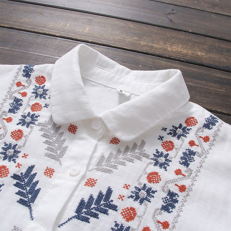 Buddha Stones Fall White Geometric Striped Flower Embroidery Button Women's Cotton Long Sleeve Shirt
