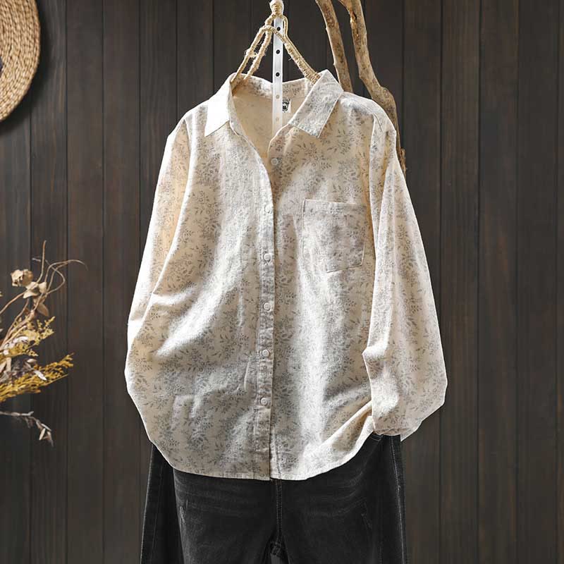 Buddha Stones Fall Floral Print Design Buttons Women's Cotton Long Sleeve Shirt