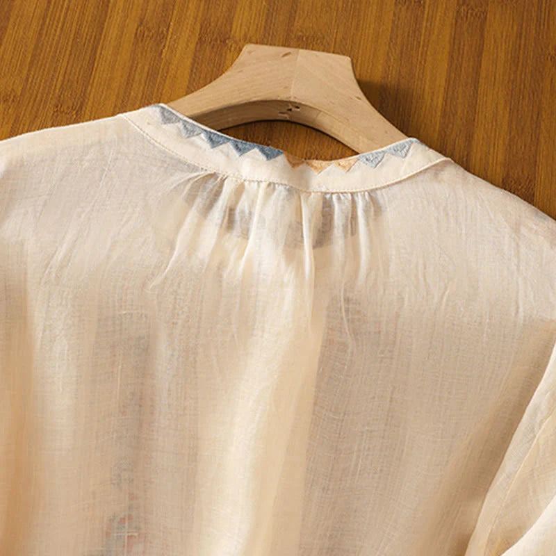 Buddha Stones Vintage Embroidery Single Row Multi-Button Placket Design Women's Cotton Linen Long Lantern Sleeve Shirt