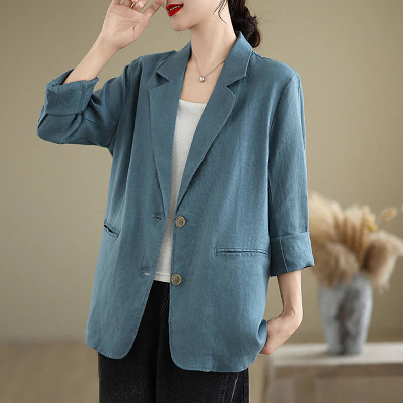 Buddha Stones Spring Solid Color Long Sleeve Cotton Linen Women's Jacket With Pockets