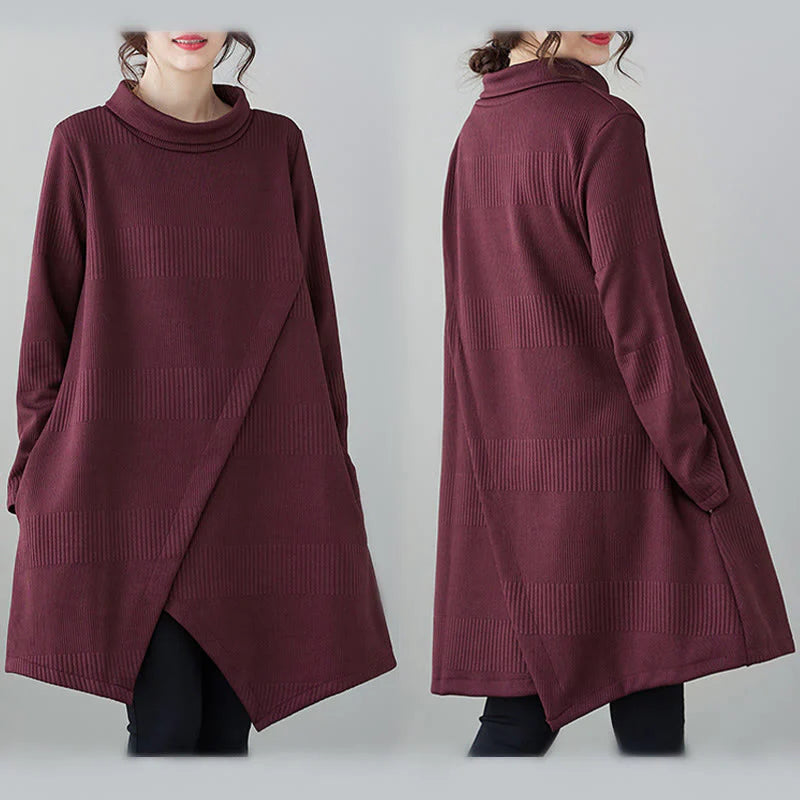Buddha Stones Winter Irregular Hem Design Mock Neck Long Sleeve Midi Dress With Pockets
