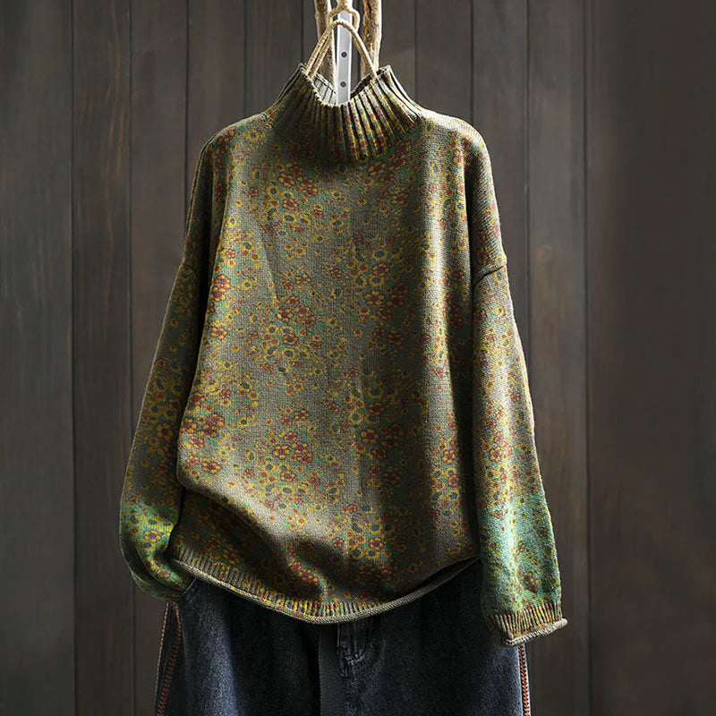 Buddha Stones Women's Knitted Floral Cotton Ribbed Hem Long Sleeve Mock Neck Sweater