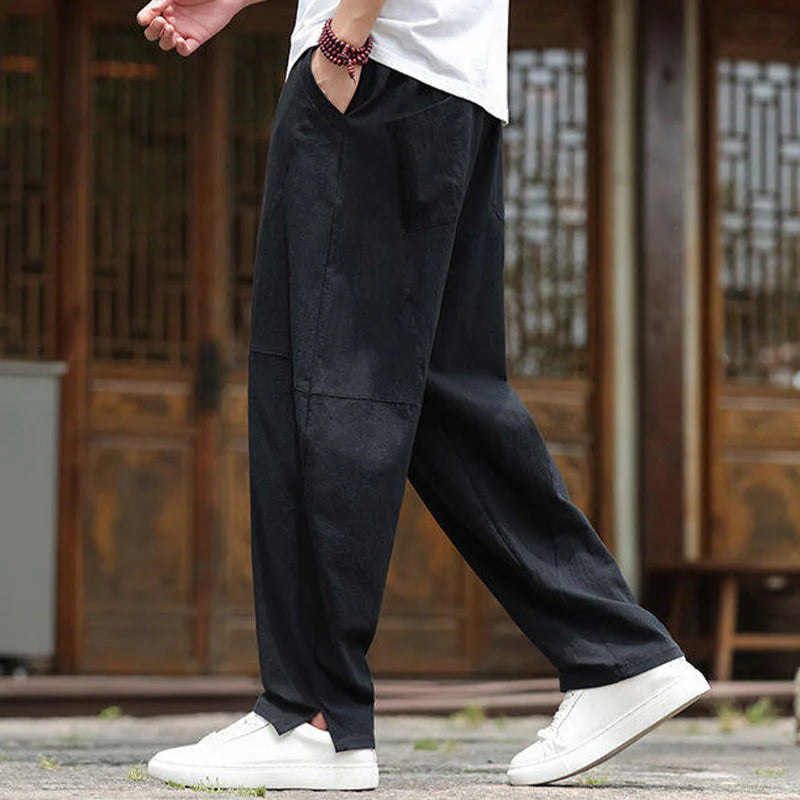 Buddha Stones Solid Drawstring Men's Elastic Waistband Cotton Linen Pants With Pockets