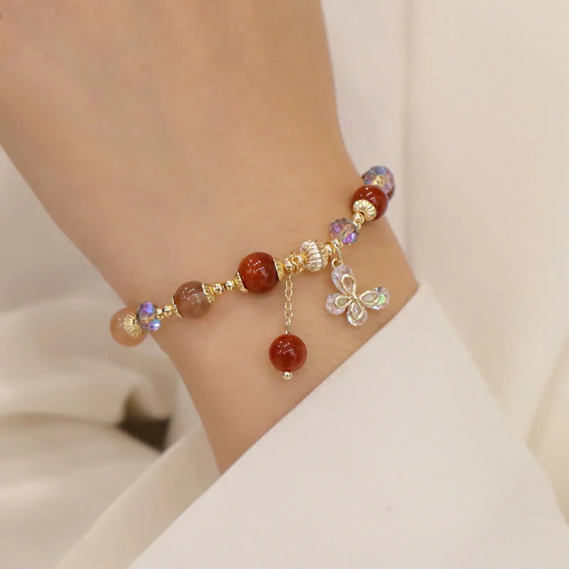 Buddha Stones Natural Fu Lu Shou Rainbow Crystal Rutilated Quartz Wealth Butterfly Charm Bracelet