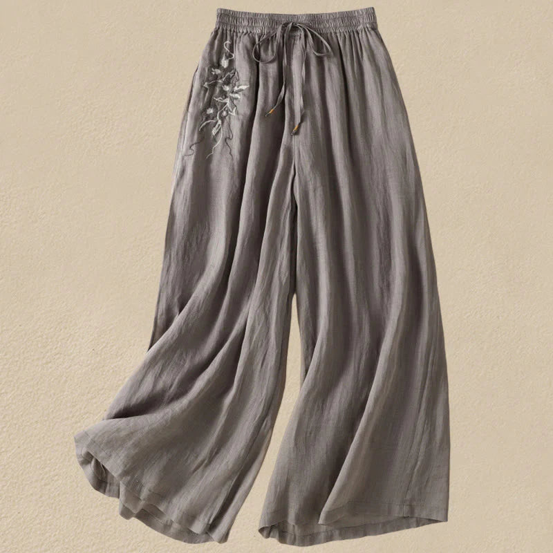 Buddha Stones Commute Embroidery Drawstring Women's Cotton Wide Leg Pants With Pockets