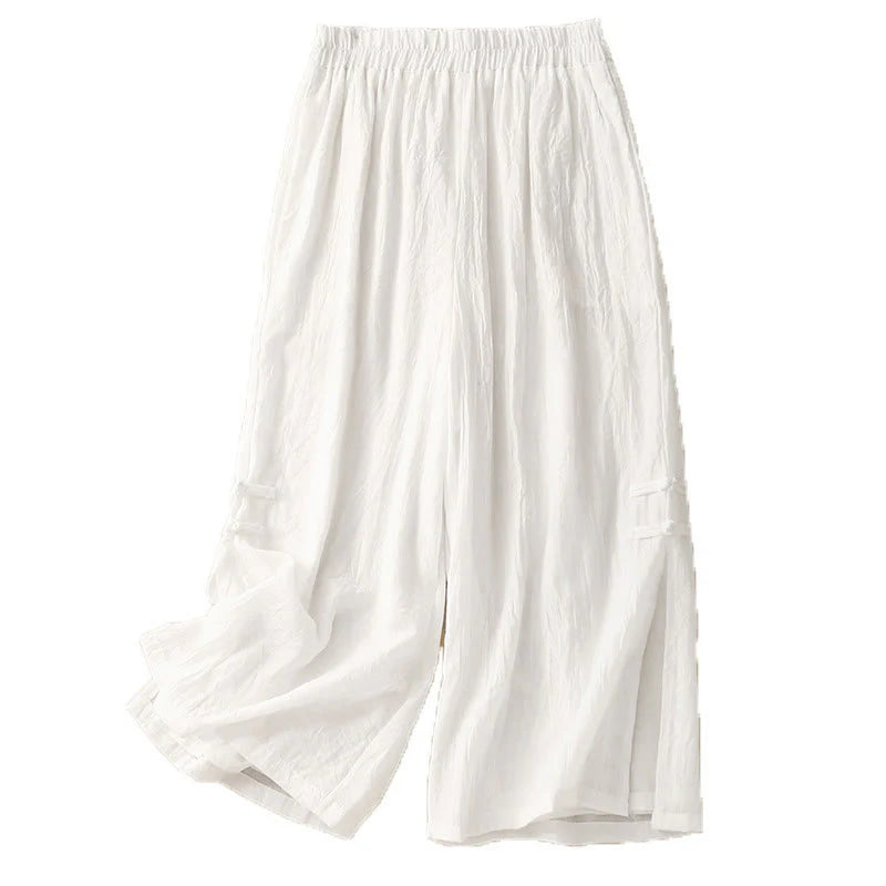 Buddha Stones Casual Plain Color Chinese Frog Button Cotton Linen Women's Wide Leg Pants