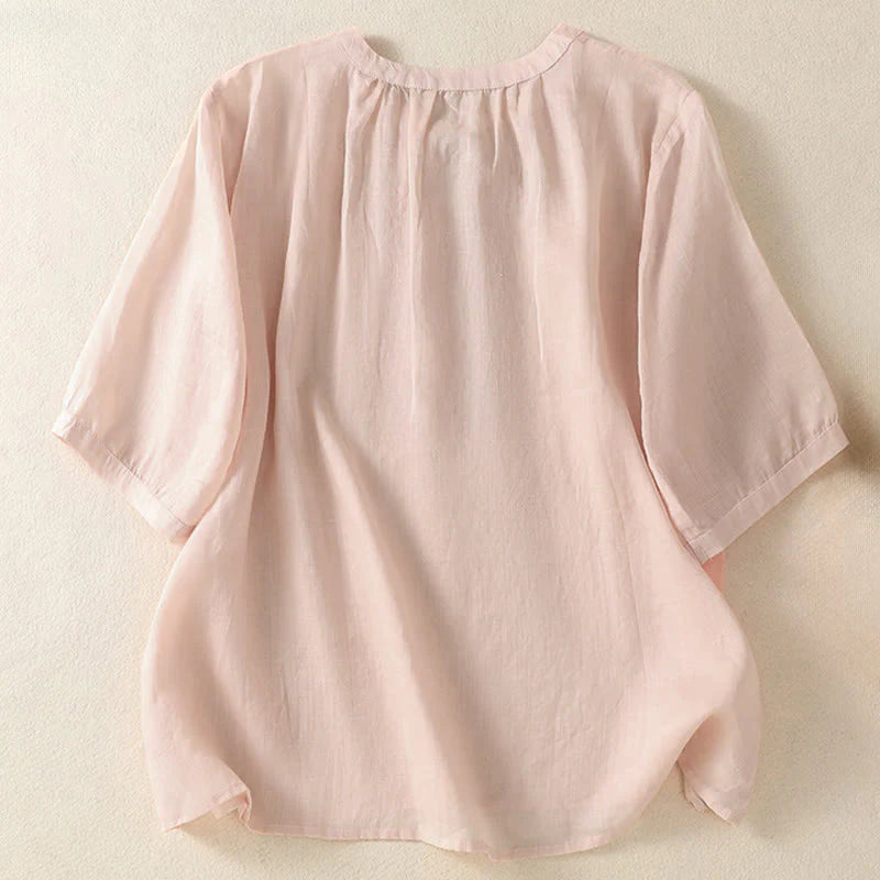Buddha Stones Summer Embroidery Flower Lace-up Design Notched Collar Women's Short Sleeve Shirt