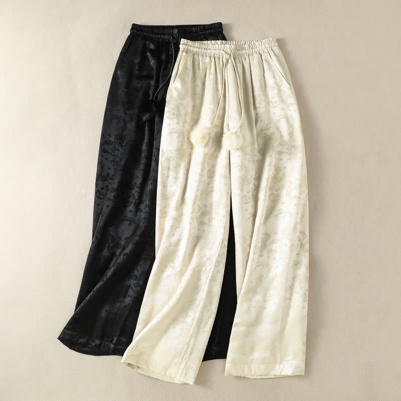 Buddha Stones Jacquard High Waist Design Women's Wide Leg Thermal Thickened Pants With Pockets
