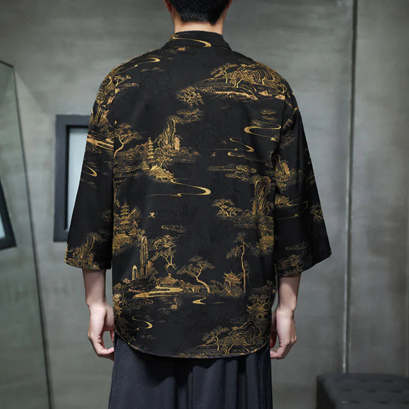 Buddha Stones Spring Frog-Button Dragon Mountain Flower Three Quarter Sleeve Tang Suit Men's Shirt With Pockets