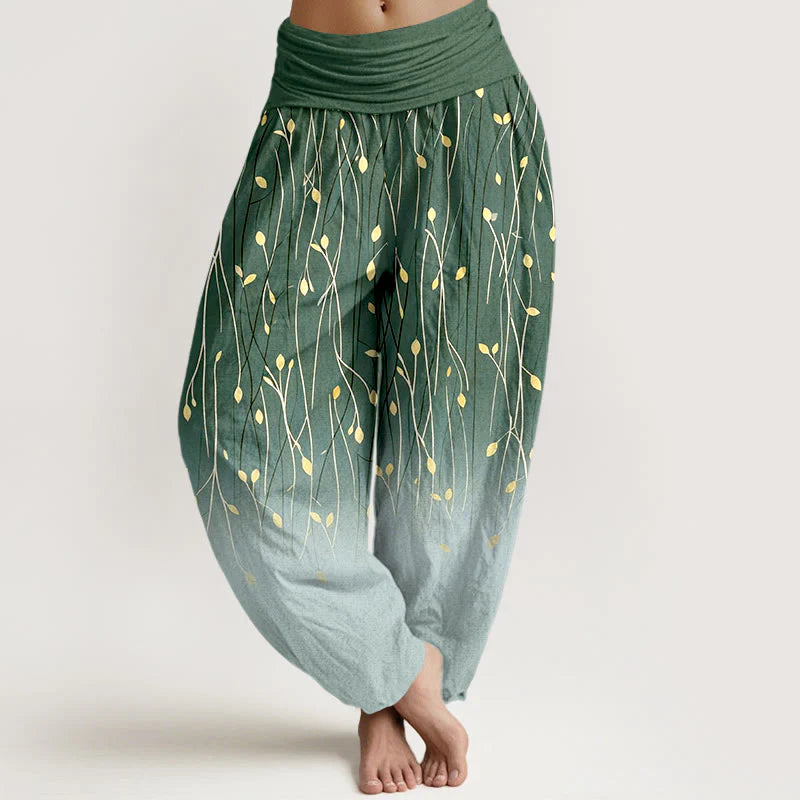 Buddha Stones Branches Leaves Pattern Gradient Women's Elastic Waist Pure Cotton Harem Pants