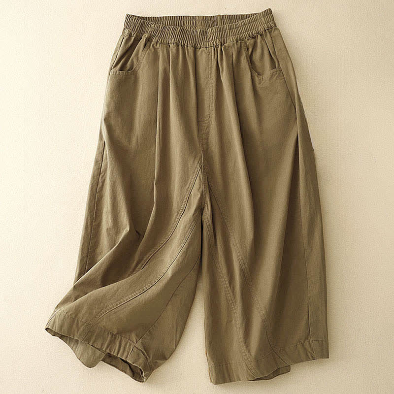 Buddha Stones Summer Cotton Elastic Waist Women's Half Pants With Pockets
