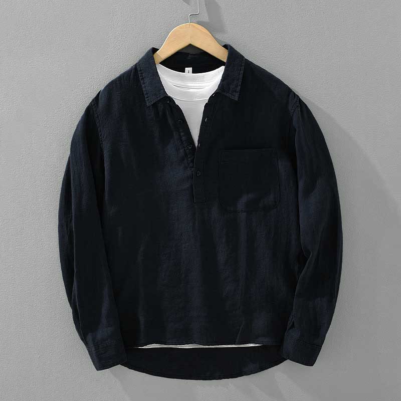 Buddha Stones Solid Color Loose Long Sleeve Half Button Shirt Linen Men Clothing