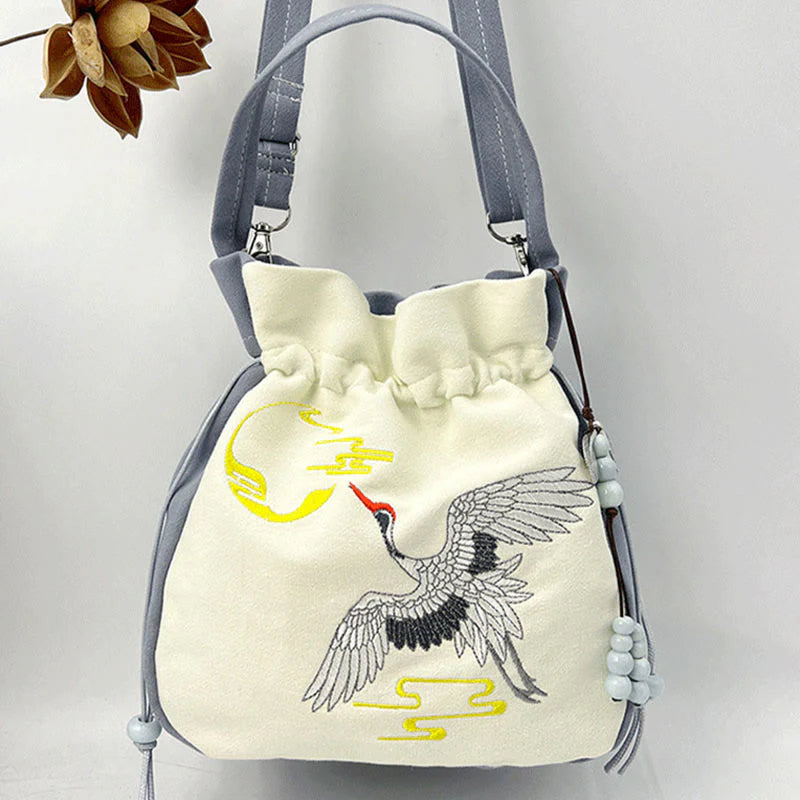 Buddha Stones Embroidered Butterfly Lotus Magnolia Cotton Linen Tote Crossbody Bag Shoulder Bag Handbag