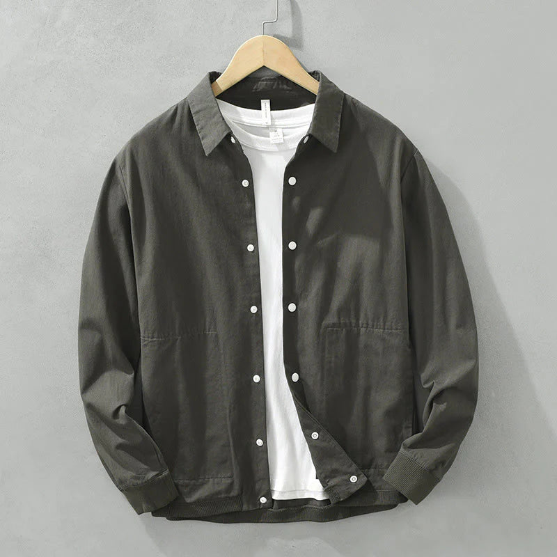 Buddha Stones Simple Solid Color Buttons Down Men's Stand Collar Long Sleeve Cotton Shirt
